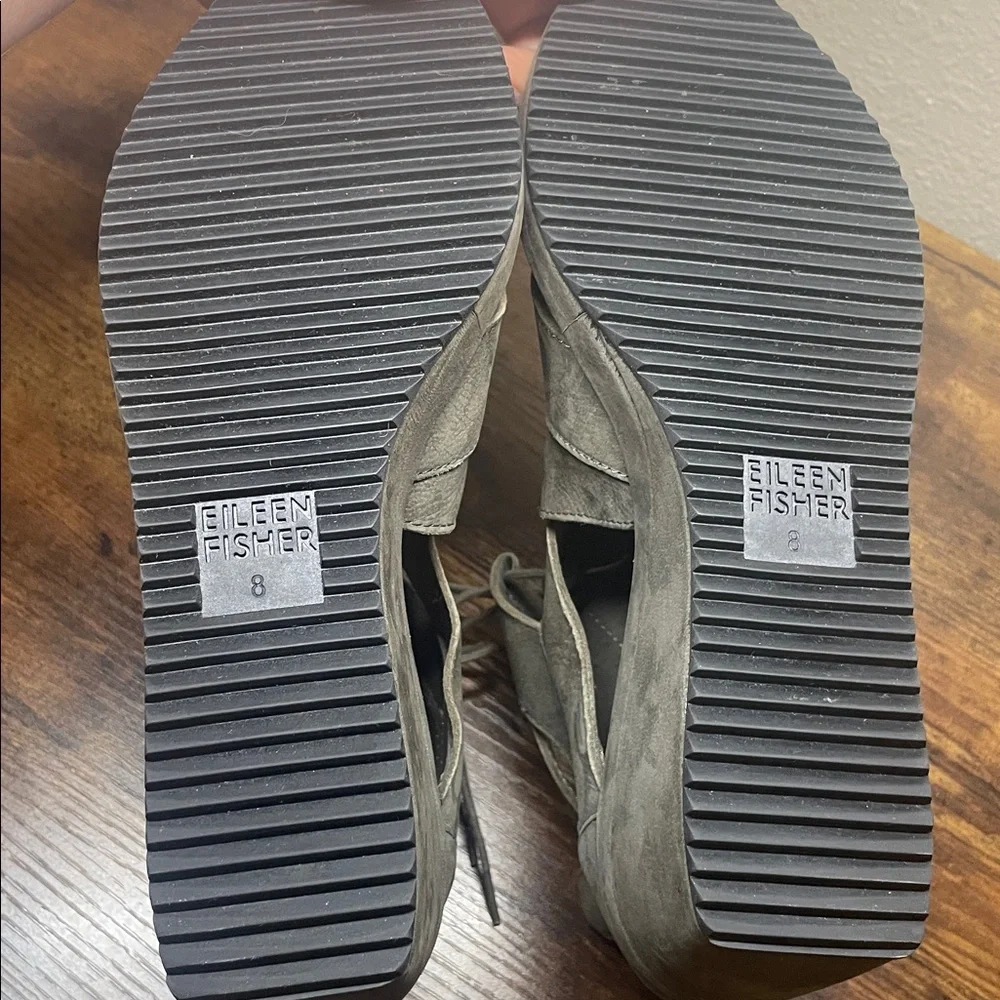 Eileen Fisher Dibs Grey Suede Leather Lace Up Wedge Sandal